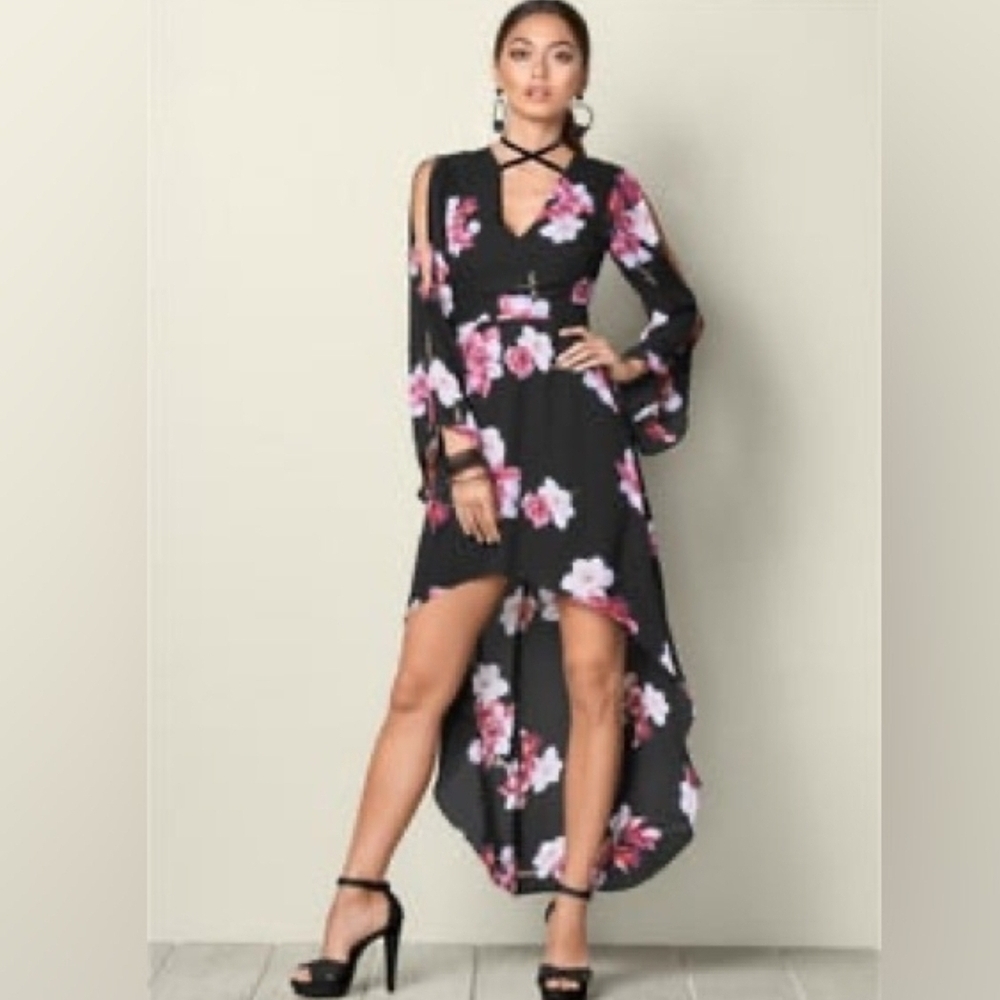 VENUS Black and Pink Floral High Low Dress